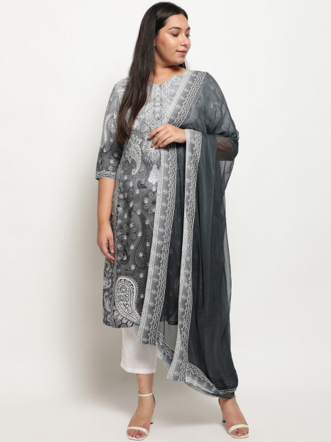 

Amydus Women Grey Ethnic Motifs Printed Regular Kurta with Trousers & With Dupatta