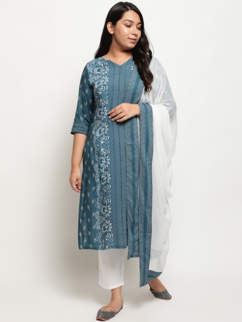 

Amydus Women Teal Floral Printed Regular Kurta with Trousers & With Dupatta