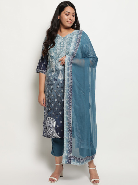 

Amydus Women Teal Blue Ethnic Motifs Printed Regular Kurta with Trousers & Dupatta