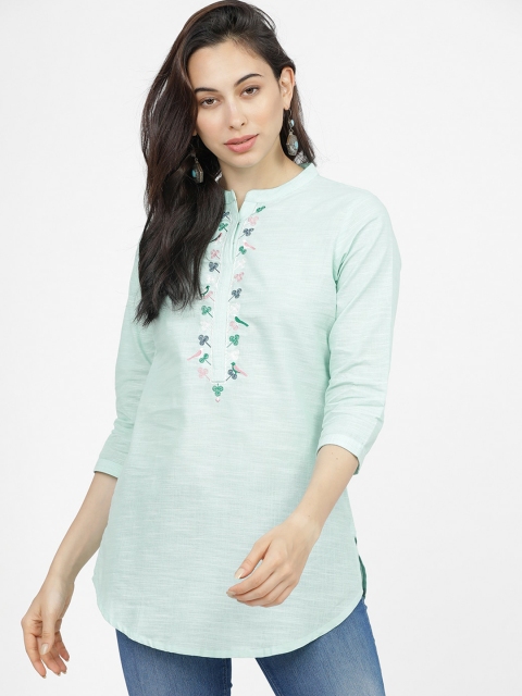 

Vishudh Green & Pink Mandarin Collar Embroidered Tunic