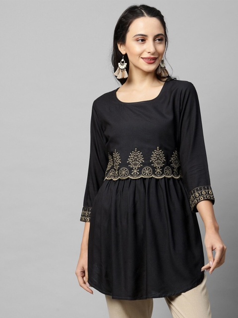 

FASHOR Black & Beige Ethnic Motifs Embroidered Thread Work Kurti