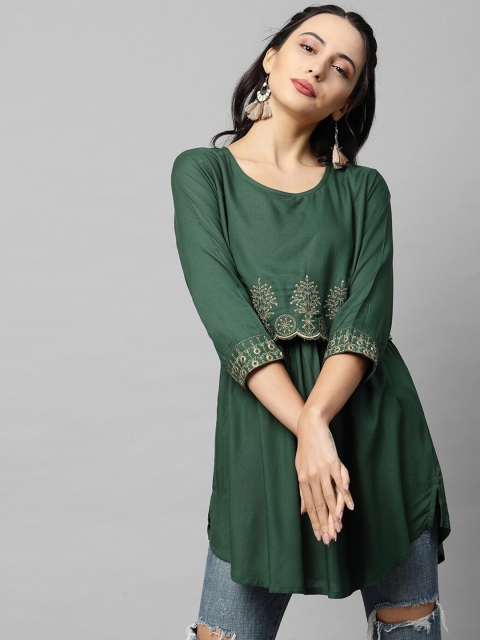 

FASHOR Green & Beige Ethnic Motifs Embroidered Thread Work Kurti