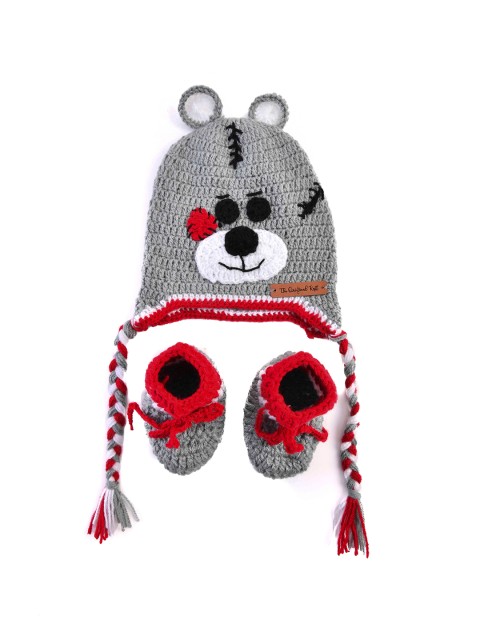 

The Original Knit Kids Pack Of 2 Grey & Red Acrylic Embroidered Handmade Cap With Booties