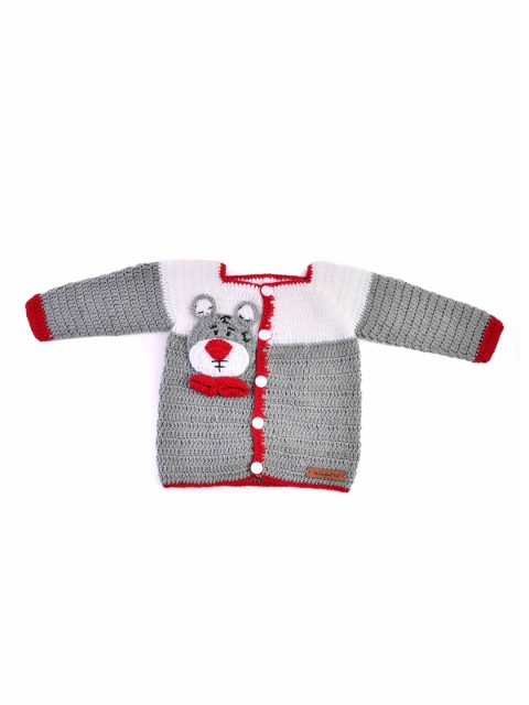 

The Original Knit Unisex Kids Grey & Red Colourblocked Ribbed Cardigan with Applique Detail