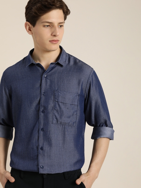 

ether Men Blue Solid Pure Cotton Casual Shirt
