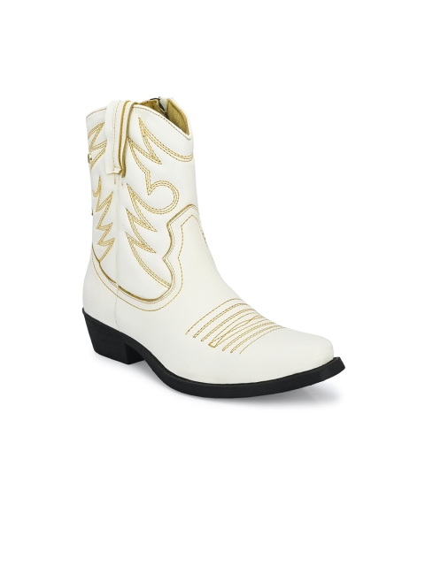 

Delize Men White Woven Design Flat Boots