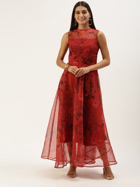 

EthnoVogue Red Floral Layered Maxi Dress