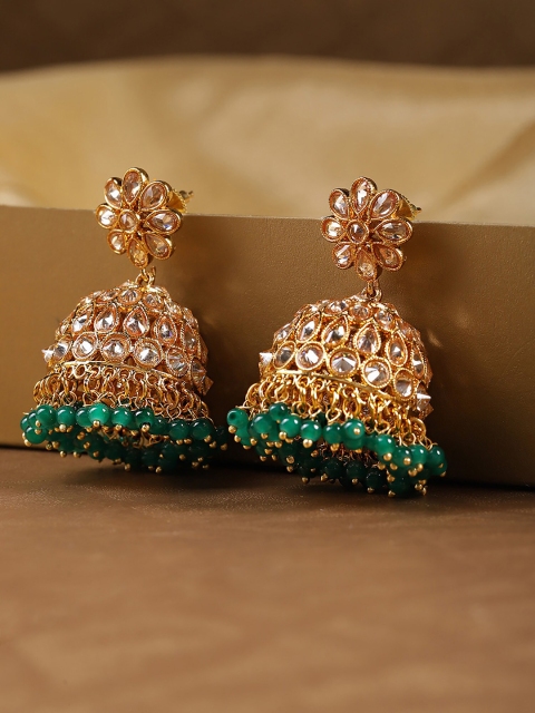 

Bellofox Gold-Plated Green & Gold-Toned Contemporary Jhumkas Earrings