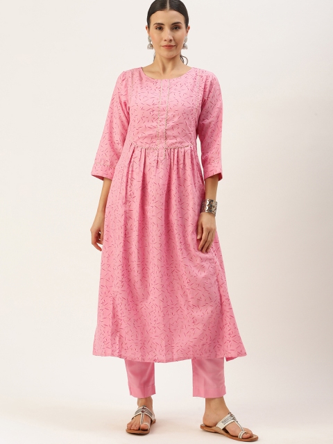 

Minora Women Pink Printed Pleated Gotta Patti Kurta with Palazzos