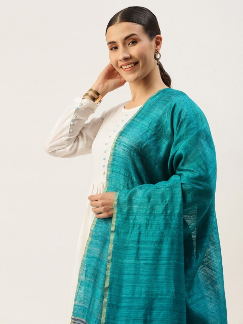 

ArtEastri Teal & Navy Blue Striped Pure Silk Dupatta