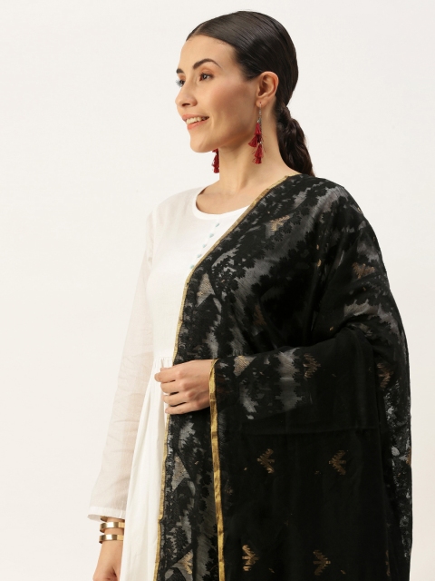 

ArtEastri Black & Gold-Toned Woven Design Cotton Silk Jamdani Dupatta with Zari