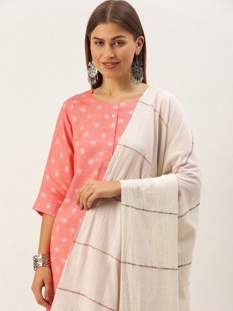 

ArtEastri Cream-Coloured Striped Kantha Work Pure Cotton Dupatta