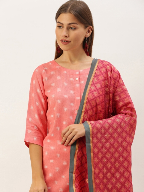 

ArtEastri Pink & Green Ethnic Motifs Woven Design Cotton Silk Jamdani Dupatta with Zari