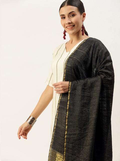

ArtEastri Black & Gold-Toned Striped Cotton Silk Jamdani Dupatta with Zari