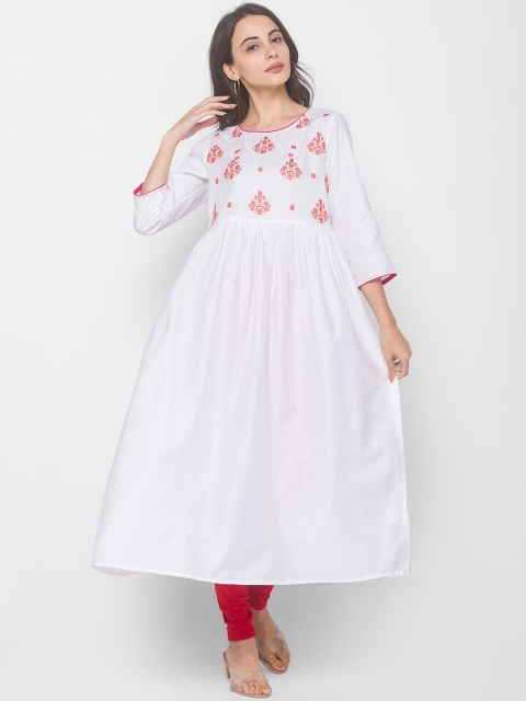 

Globus Women White Floral Embroidered Keyhole Neck Flared Sleeves Thread Work Anarkali Kurta