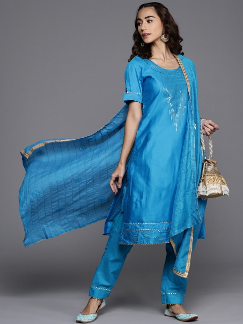 

Chhabra 555 Women Blue & Golden Sequinned Made to Measure Straight Kurta Set