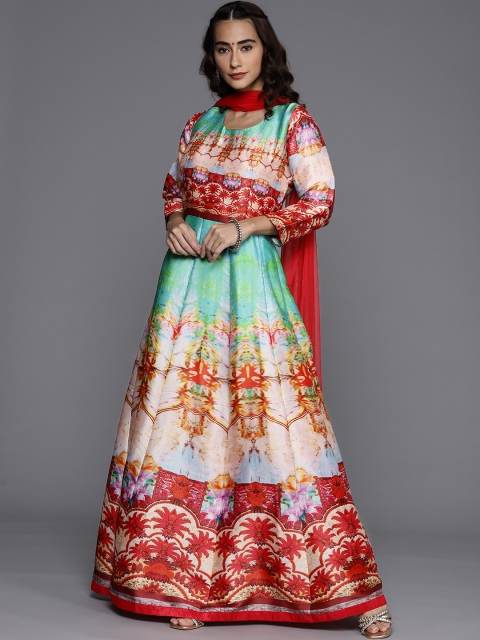 

Chhabra 555 Red & Green Ethnic Motifs Printed Satin Maxi Dress