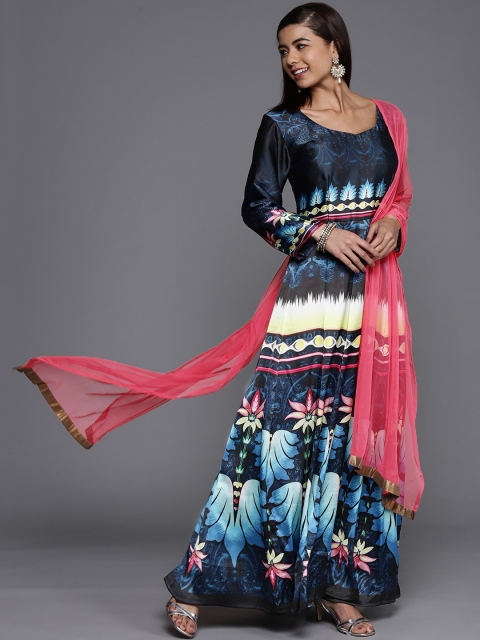 

Chhabra 555 Navy Blue & Black Ethnic Motifs Printed Satin Maxi Dress