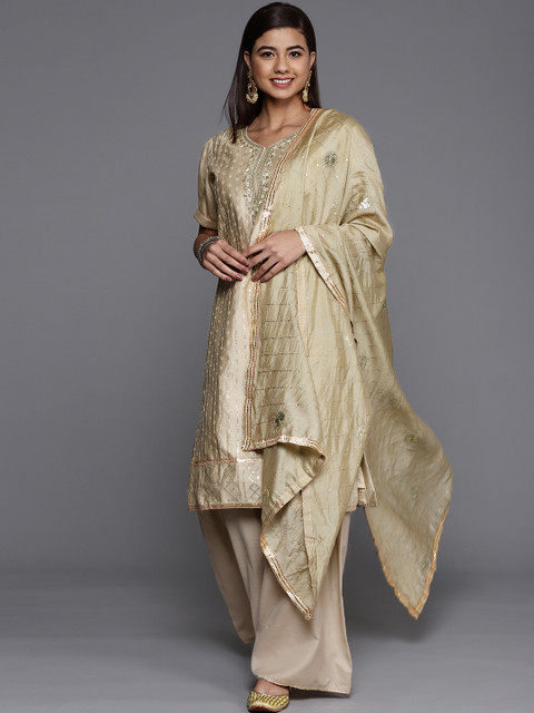 

Chhabra 555 Women Beige & Golden Embroidered Sequinned Kurta with Sharara & With Dupatta