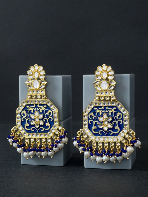 

Golden Peacock Navy Blue & Gold-Toned Floral Drop Earrings
