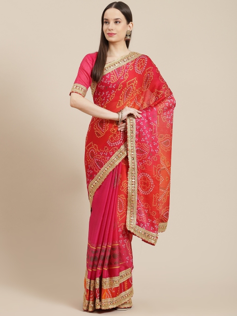 

Saree mall Red & Pink Bandhani Silk Blend Sarees