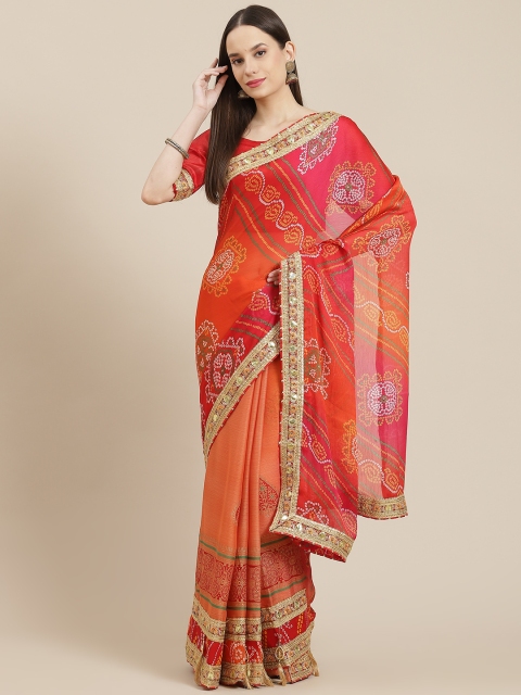 

Saree mall Orange & Red Bandhani Zari Sarees