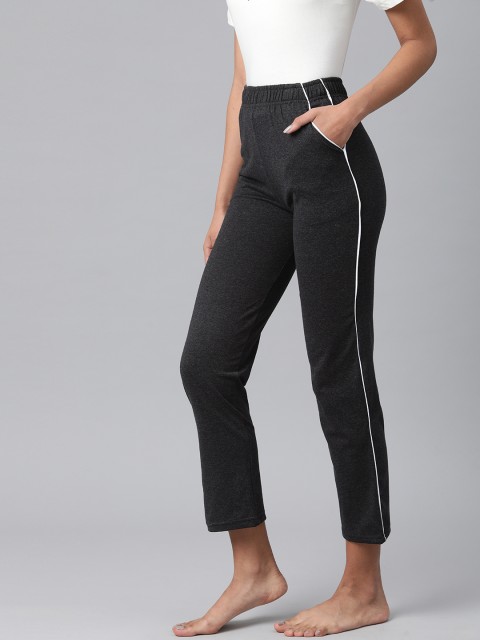 

NOT YET by us Women Charcoal Grey Solid Cropped Cotton Lounge Pants with Side Stripes