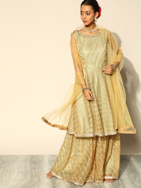 

Chhabra 555 Ethnic Motifs Net Kurta Set, Green