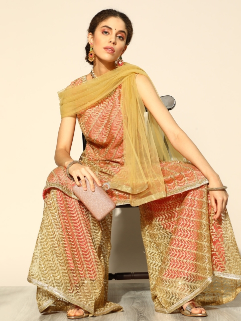 

Chhabra 555 Ethnic Motifs Net Kurta Set, Coral