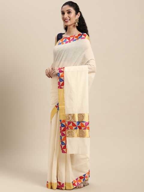 

Thara Sarees Off White & Gold-Toned Woven Design Zari Pure Cotton Kasavu Saree