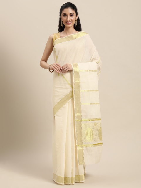 

Thara Sarees Off White & Gold-Toned Woven Design Zari Pure Cotton Kasavu Saree