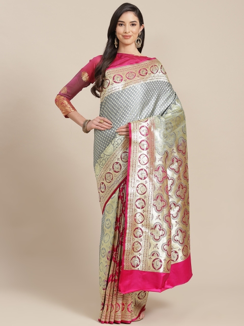 

Chhabra 555 Grey & Gold-Toned Ethnic Motifs Zari Silk Blend Handloom Banarasi Saree