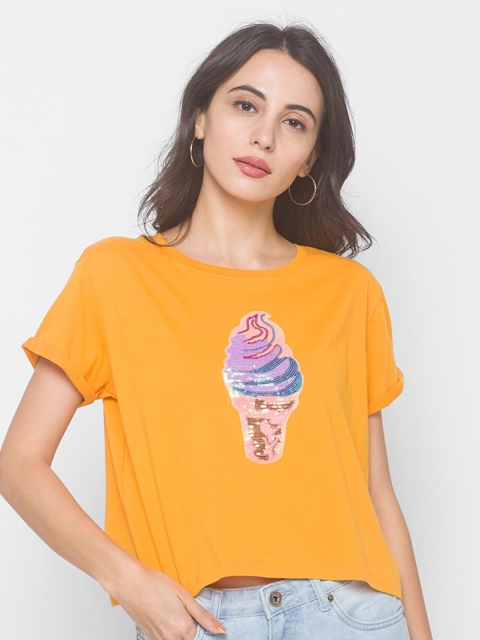 

Globus Women Yellow Pink Printed Pure Cotton T-shirt