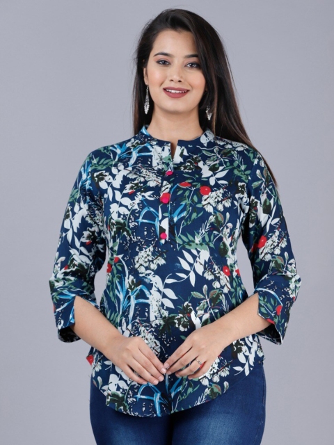 

PNEHA Women Blue & White Floral Printed Mandarin Collar Regular Top