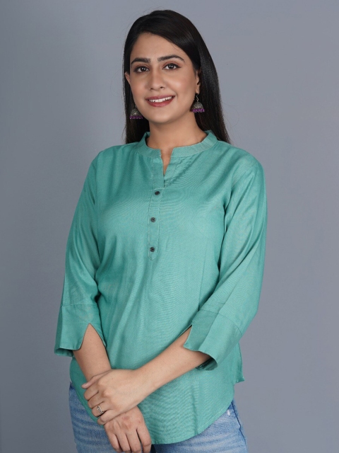 

PNEHA Women Green Solid Mandarin Collar Shirt Style Top
