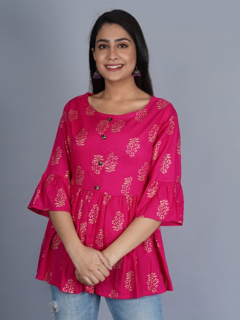 

PNEHA Women Pink & Gold-Toned Floral Motifs Printed Round Neck Empire Top