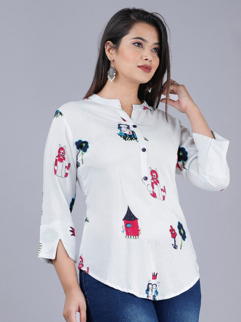 

PNEHA Women White & Red Abstract Print Mandarin Collar Regular Top