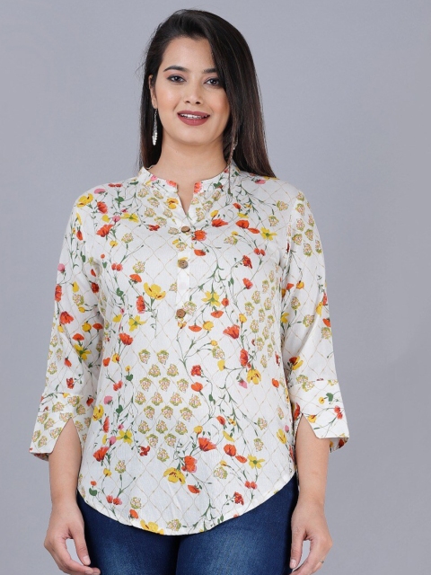 

PNEHA Women Cream-Coloured & Red Floral Print Mandarin Collar Shirt Style Top