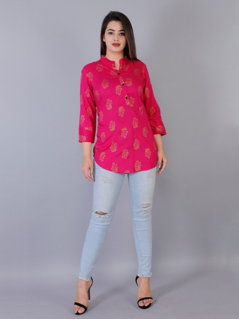 

PNEHA Women Pink & Gold-Toned Floral Motifs Printed Mandarin Collar Regular Top