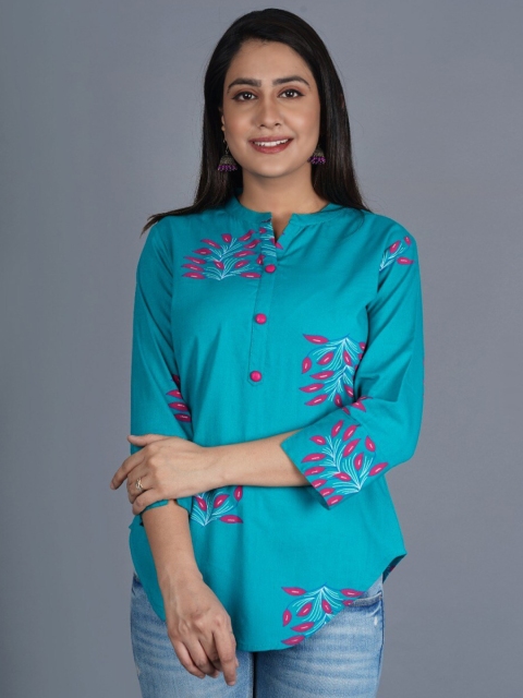 

PNEHA Women Turquoise Blue & Pink Floral Print Mandarin Collar Shirt Style Top
