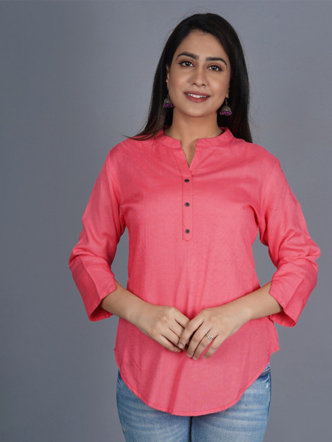 

PNEHA Women Peach-Coloured Solid Mandarin Collar Regular Top