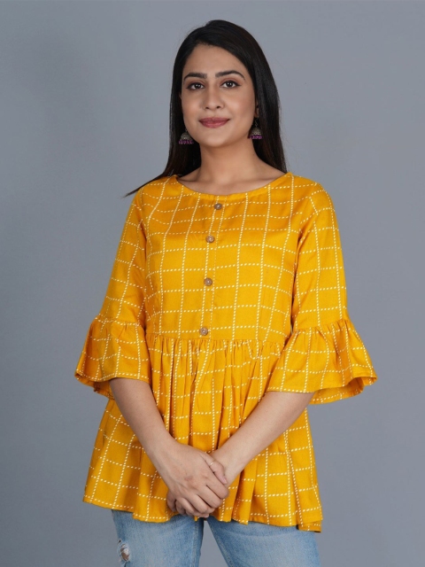 

PNEHA Women Yellow & White Checked Round Neck flared Sleeves Empire Top