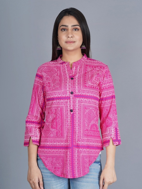 

PNEHA Women Pink & White Geometric Printed Mandarin Collar Shirt Style Top