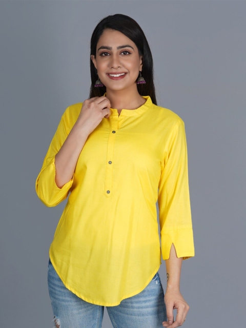 

PNEHA Women Yellow Solid Mandarin Collar Shirt Style Top