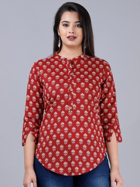

PNEHA Women Rust & Beige Floral Print Mandarin Collar Shirt Style Top
