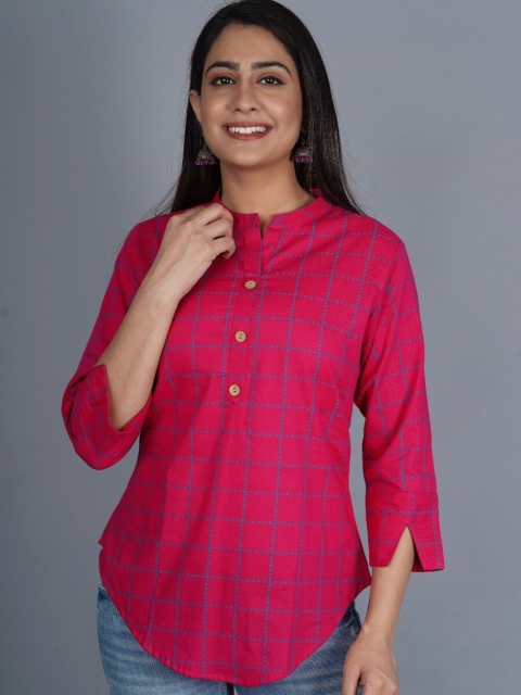 

PNEHA Women Pink & Blue Checked Mandarin Collar Shirt Style Top