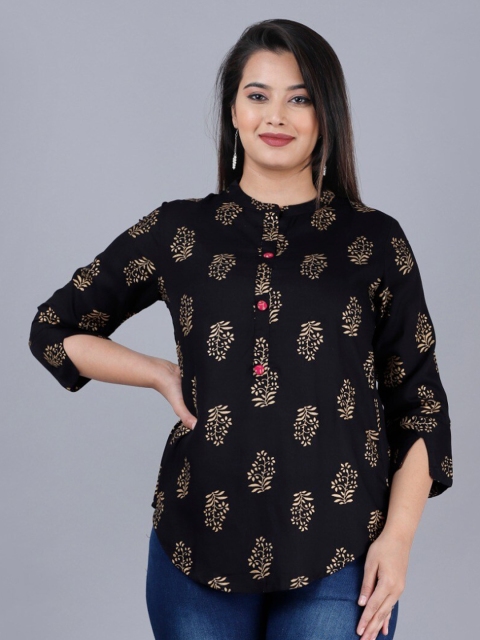 

PNEHA Women Black & Beige Floral Print Mandarin Collar Shirt Style Top