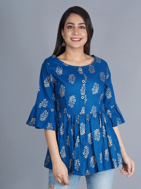 

PNEHA Women Turquoise Blue & Gold-Toned Printed Round Neck Empire Top