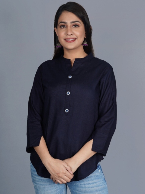

PNEHA Women Navy Blue Solid Mandarin Collar Shirt Style Top