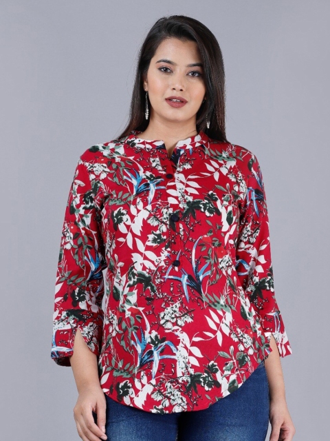 

PNEHA Women Red & White Tropical Print Mandarin Collar Regular Top